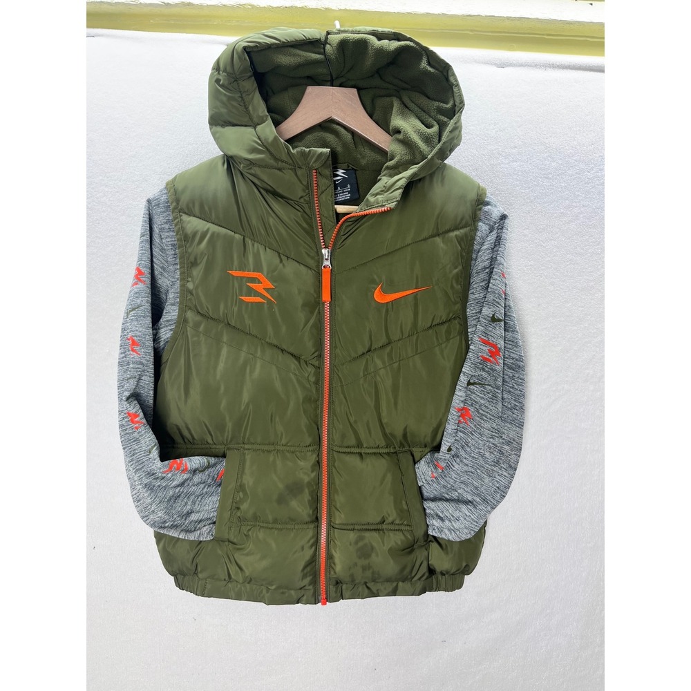 Nike Russell Wilson RW3 Puffer Jacket Kids Large Green Grey Hooded Hybrid